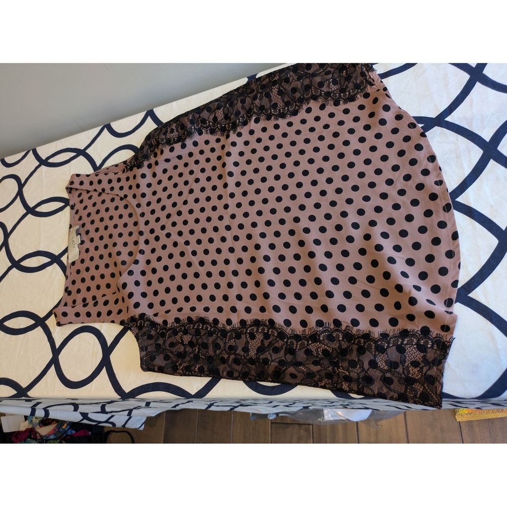 Loft Polka Dot Lace Side Panel Sleeveless Blouse Mauve Black Petite Small